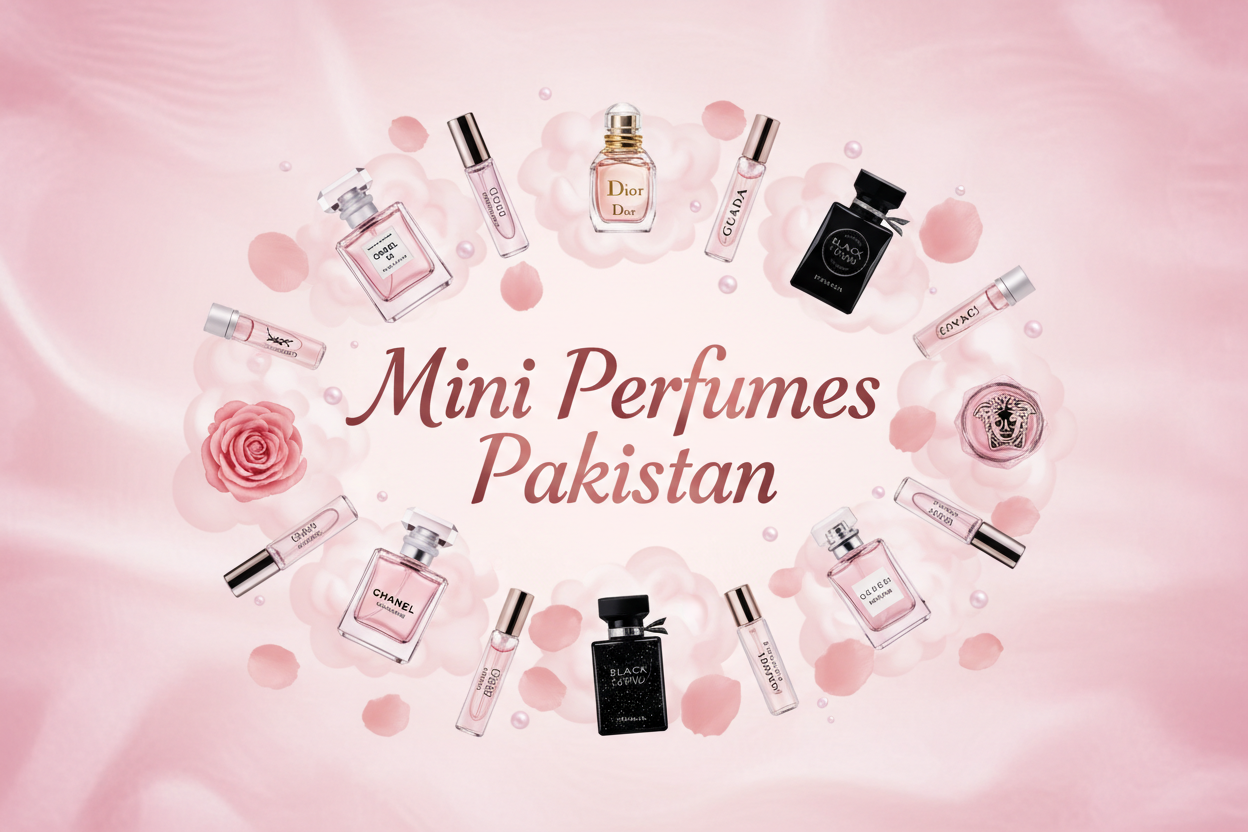 Add text Mini Perfumes Pakistan and bottles must be frm original brands miniatures and super cute pastel pink banner